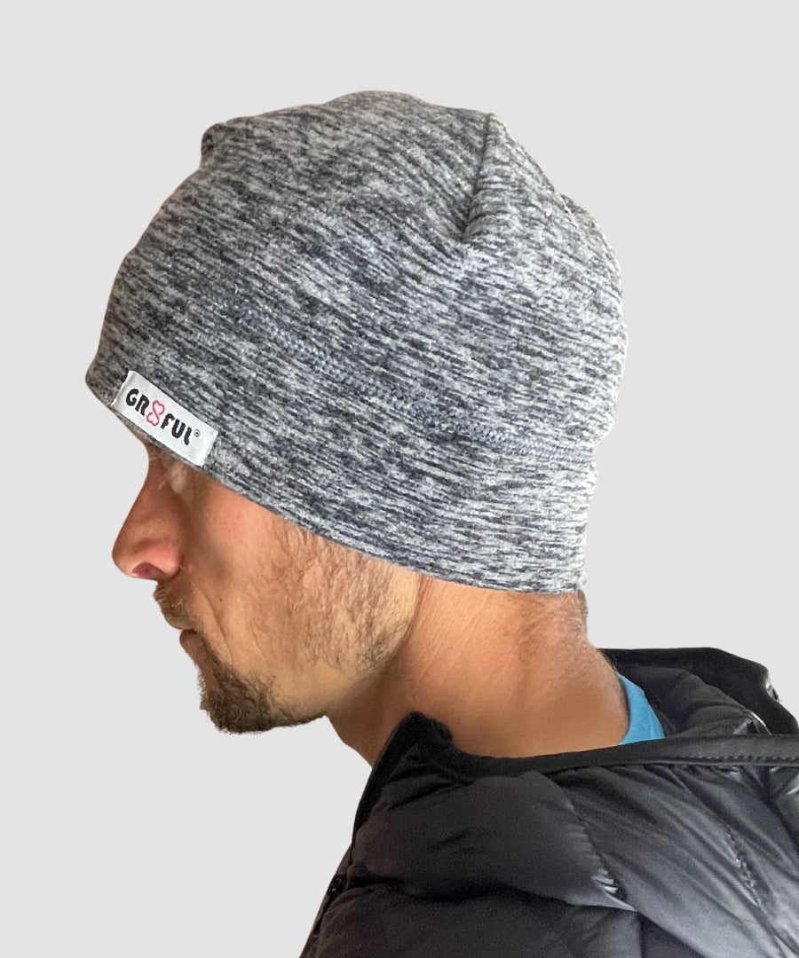 grey pink blue fleece beanie